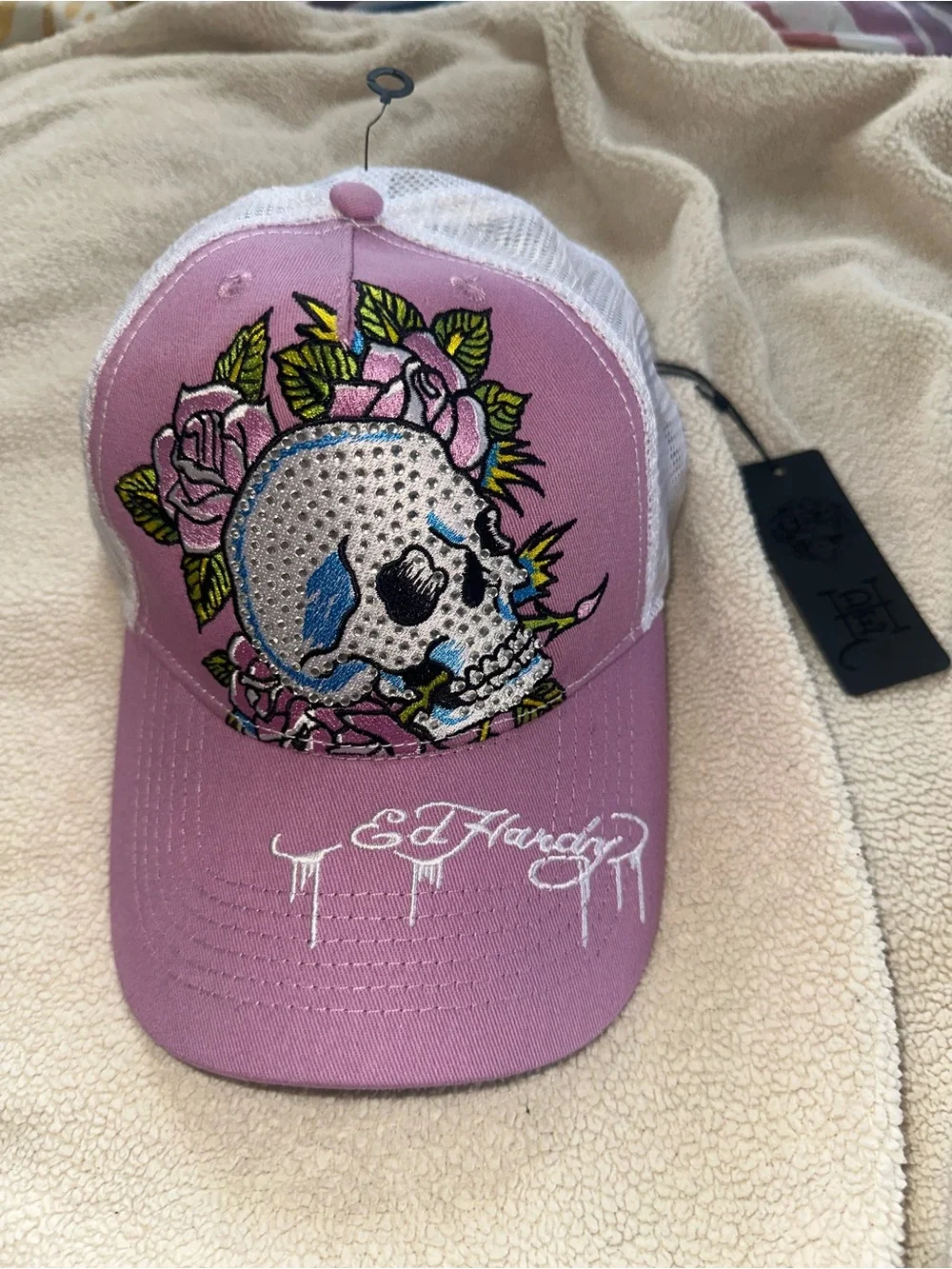 Ed Hardy Pink and White Rhinestone Skull Floral Trucker Hat